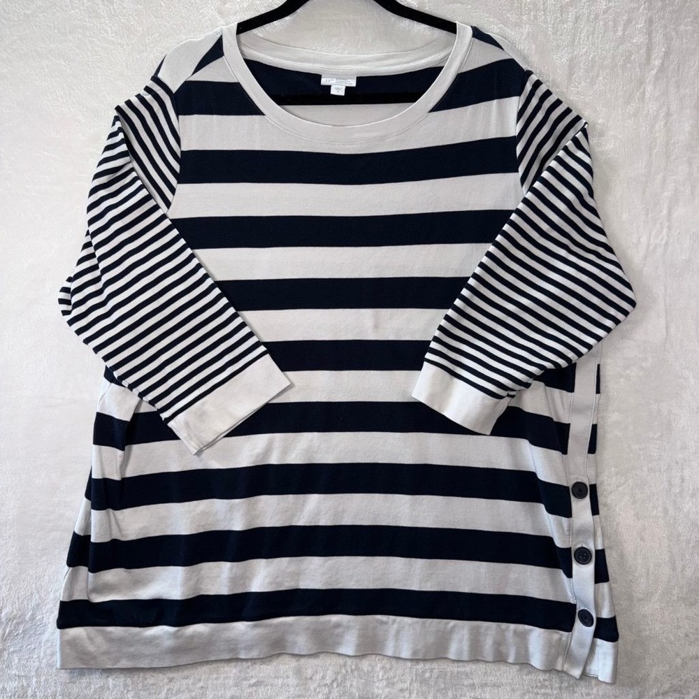 J. Jill 2X Navy White Striped Top Organic Cotton Side Button 3/4 Sleeve Tunic
